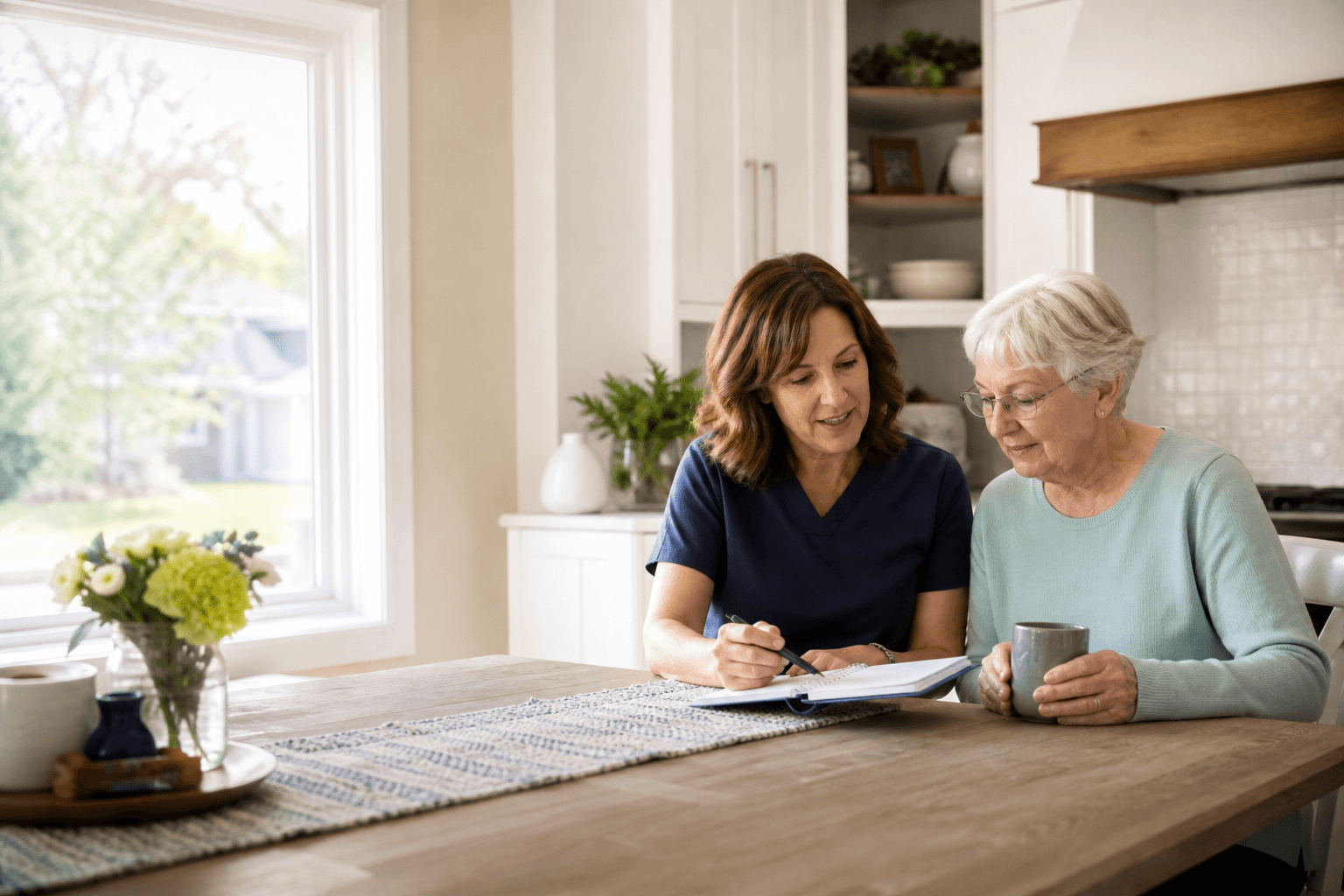Caregiver and older adult reviewing a care notebook at home